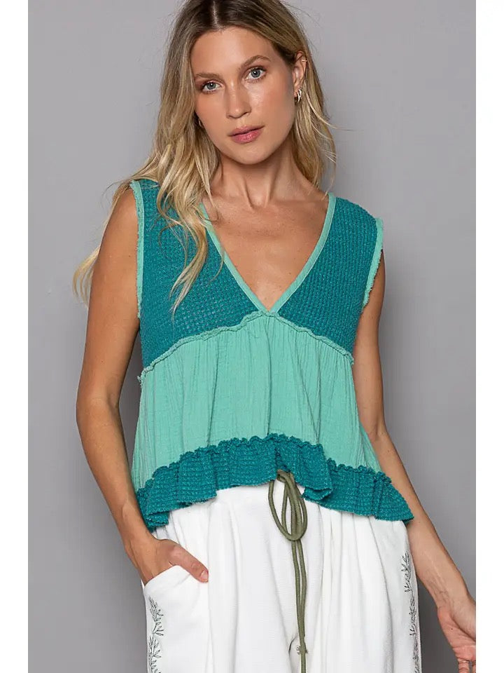 Riffled Sleeveless V-Neck Knit Top