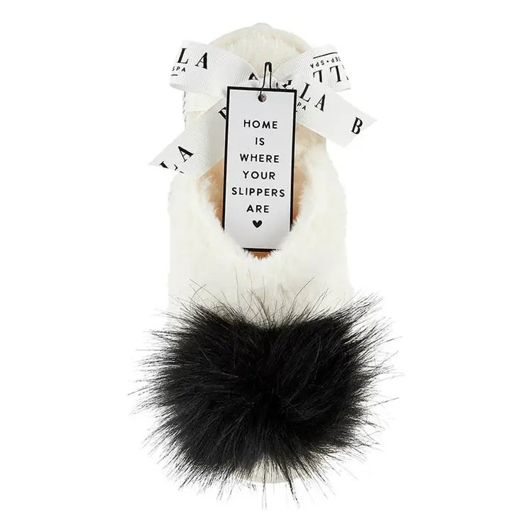 Plush Slippers - Ivory with Black Pom Pom