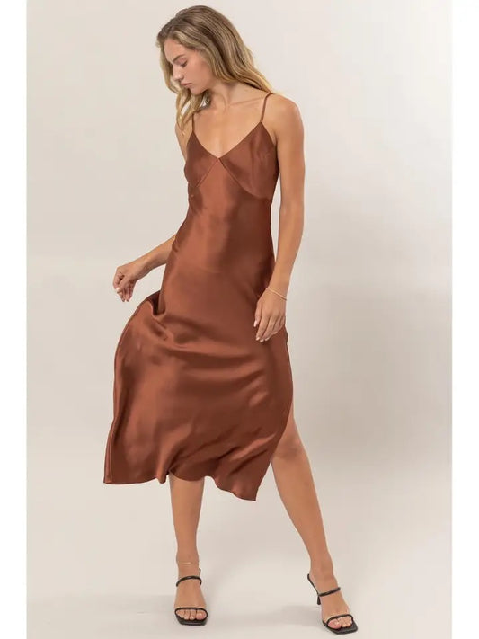 V-Neck Satin Midi Dress