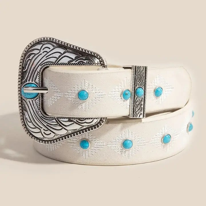 Turquoise Studs Concho Buckle Vegan Leather Belt