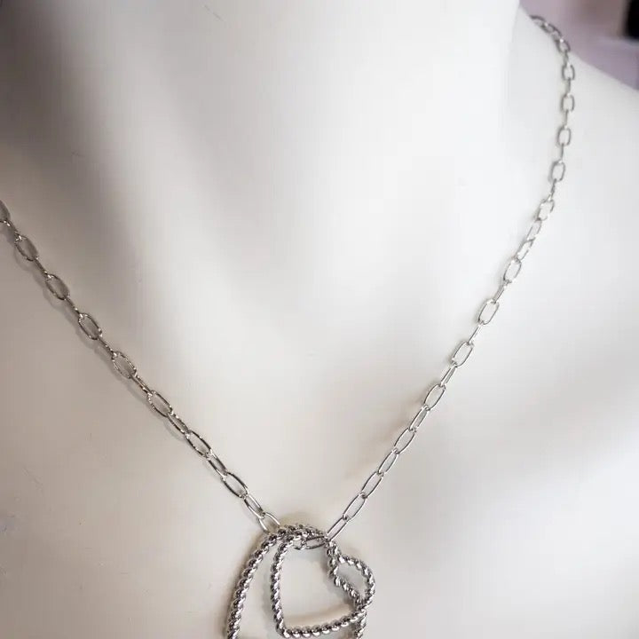 Double Floating Heart Link Necklace Silver